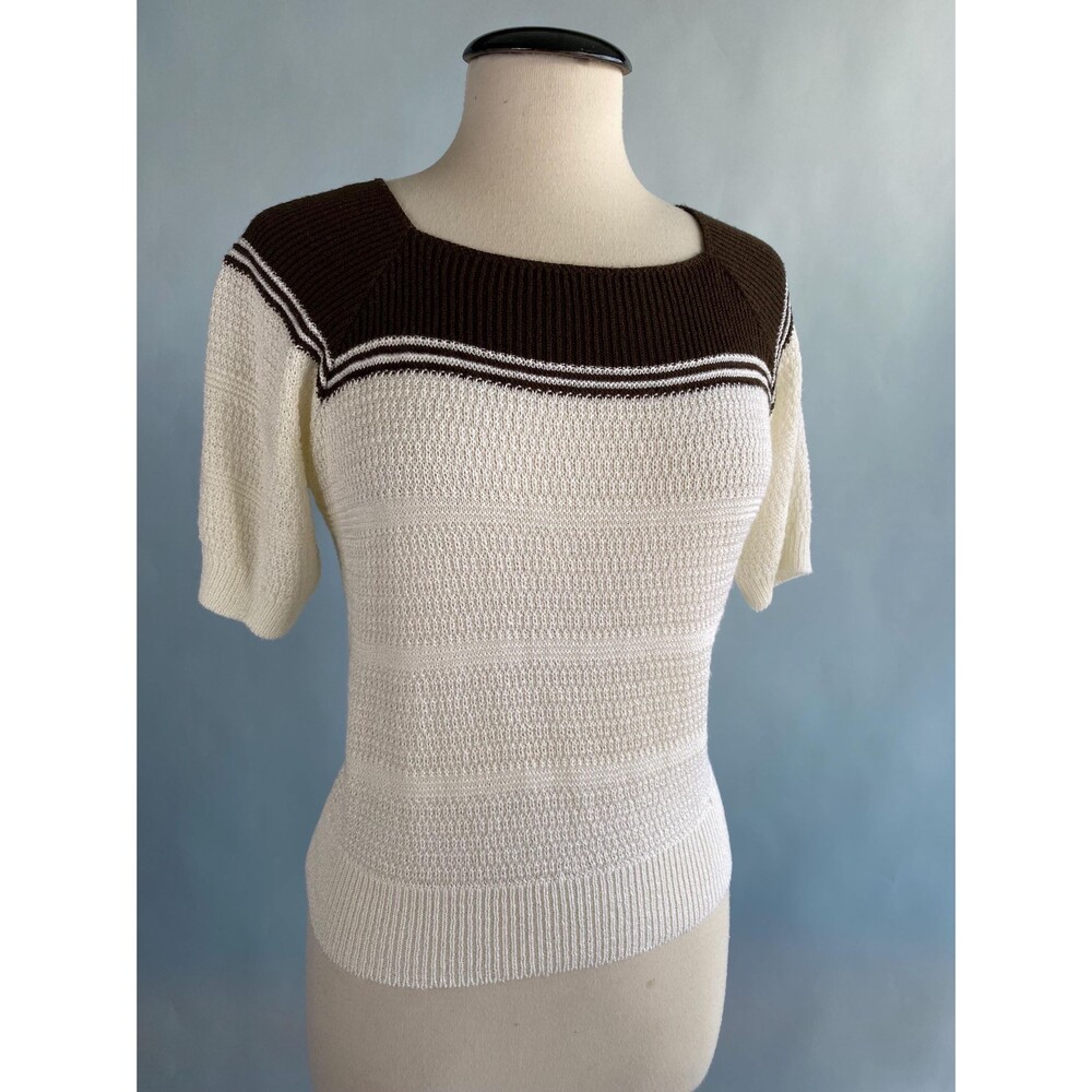 Vintage Cream Brown Square Neck Pullover Knit Short Sleeve Sweater Large Volup